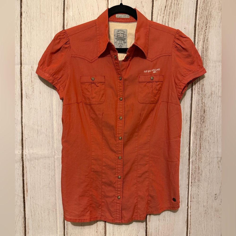 QS by s.Oliver Rust Orange Short Sleeve Snap Button Up Western Shirt Size S